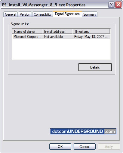 Windows Live Messenger 8.5 - Digital Signature of Microsoft