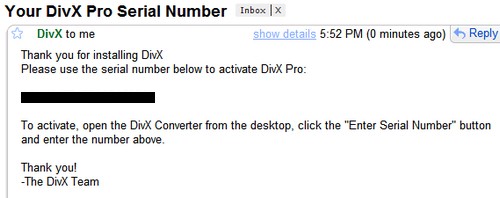 DivX Pro Serial on Email