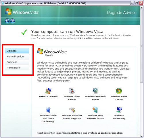 Choose Windows Vista Version
