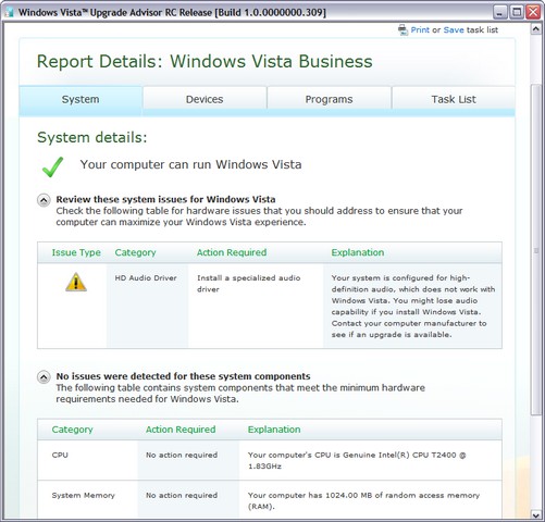 Windows Vista Advisor - Detailed Report