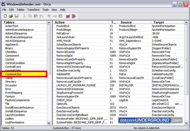 Orca - WindowsDefender - CustomAction