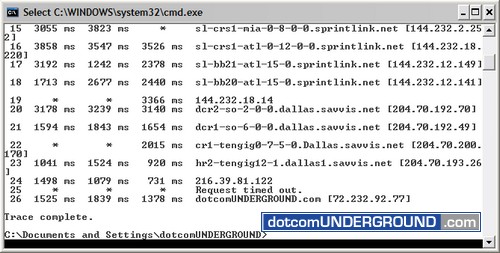 Traceroute from Windows: Selected