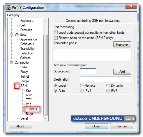 PuTTY - Tunnels Menu