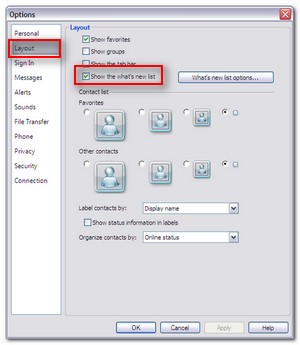 MSN Messenger 2009 - Layout - Show Whats New List