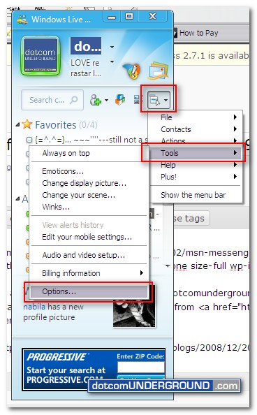 MSN Messenger 2009 - Tools - Options
