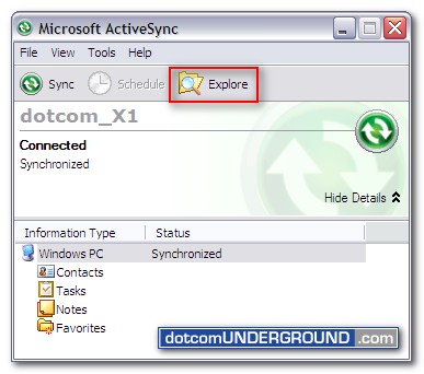 Microsoft ActiveSync - Explore Button